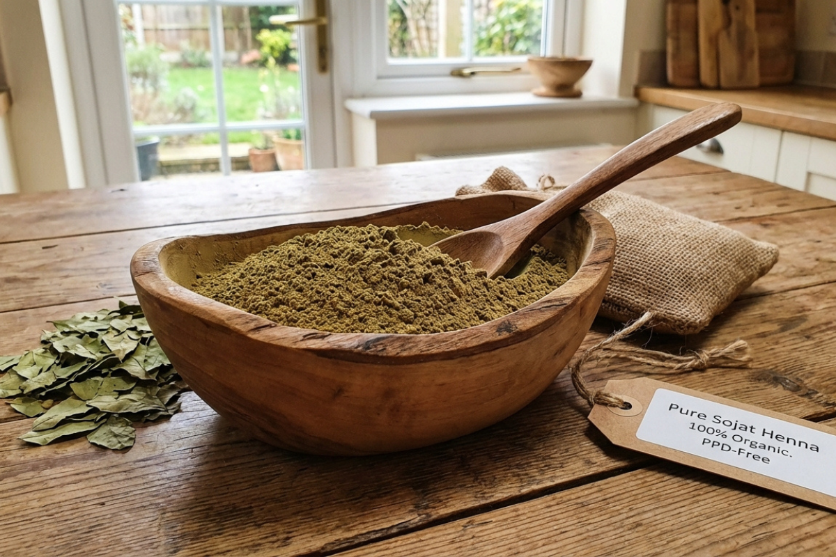 Pure Sojat henna powder in a wooden bowl — PPD-free and organic" by Kirpal Export Overseas.